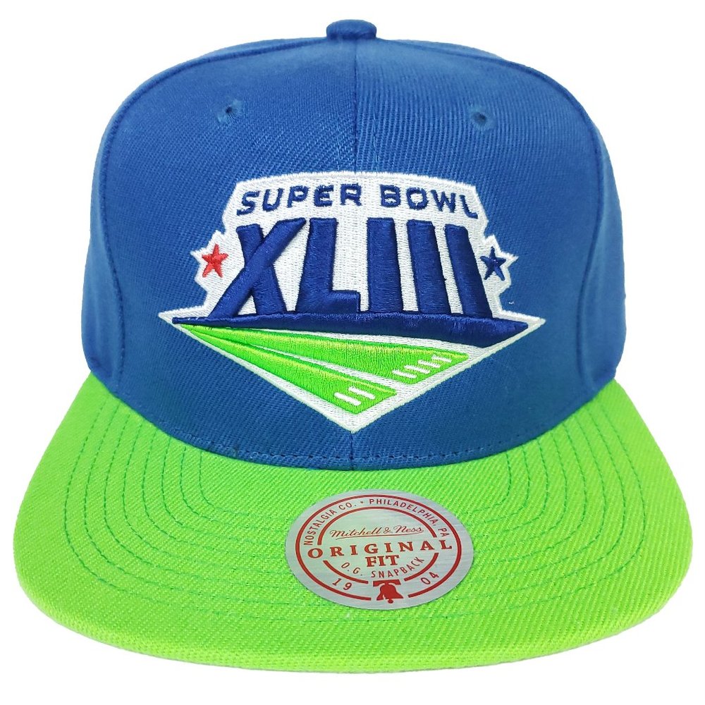Mitchell & Ness Super Bowl XLIII NFL Snapback Hat 3D Logo Blue Green Cap‎ NWT